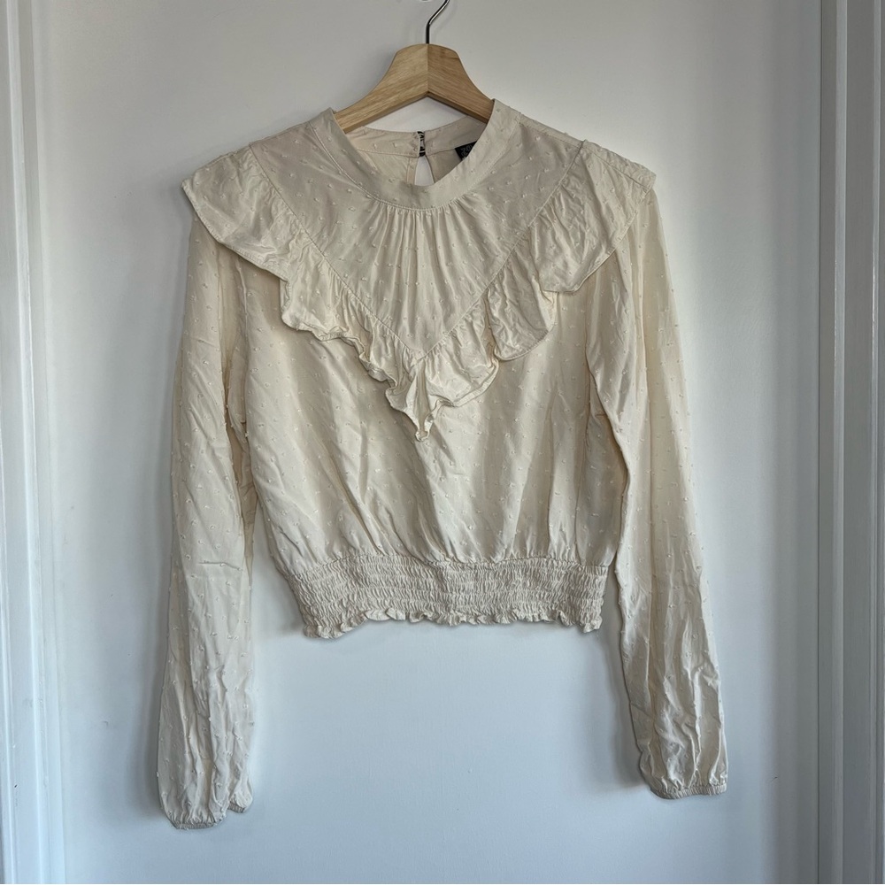 Victorian Ruffle Neck Smocked Cropped Waist Swiss Dot Pattern Long Sleeve Blouse